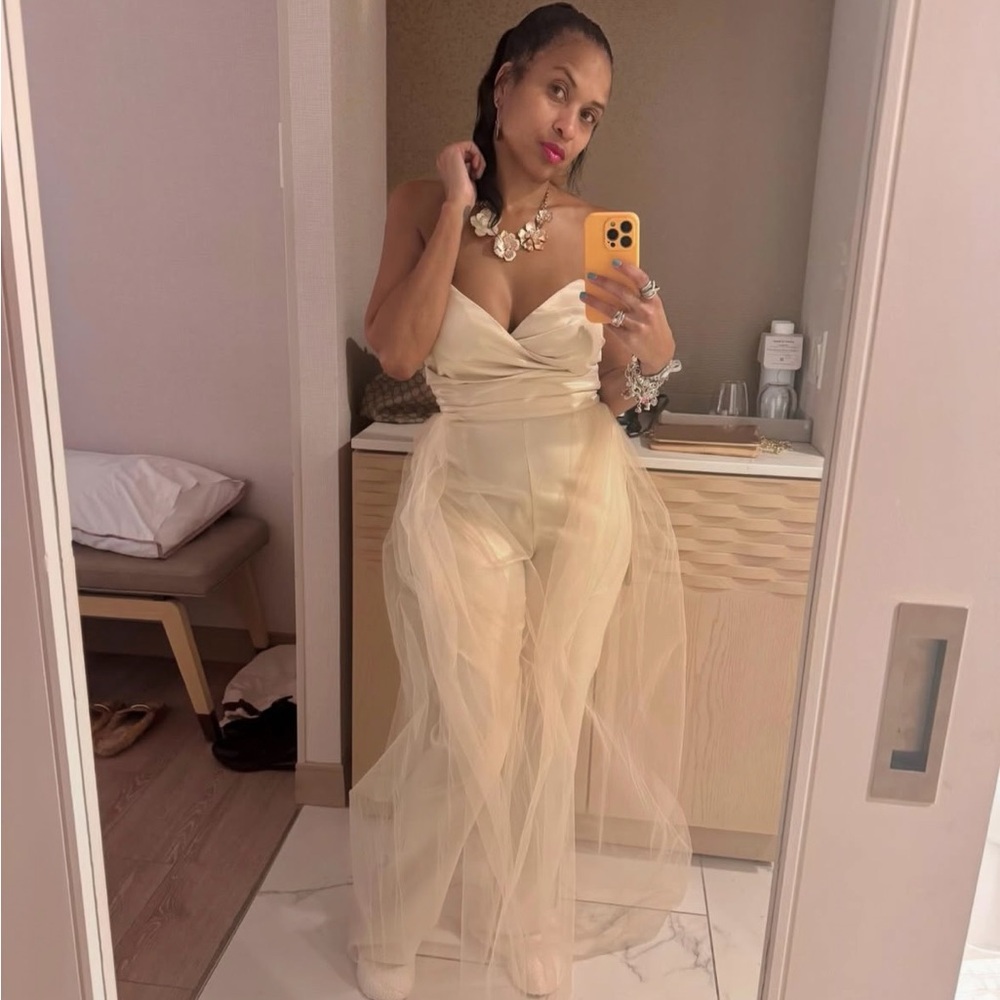 Elegant Cream pant jumpsuit w/ Tulle